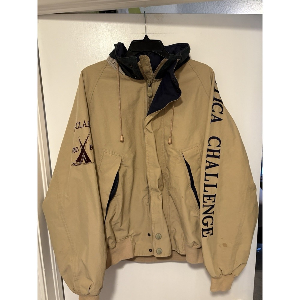 Vintage Nautica Challenge J-Class Jacket Mens XL Tan Sailing Windbreaker FLAW